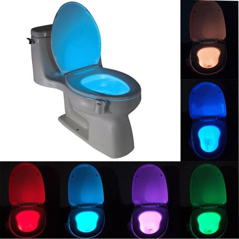 Luz LED nocturna inteligente para baño, lámpara con Sensor de movimiento del cuerpo activado encendido/apagado del asiento, lámpara de 8 colores para inodoro ► Foto 1/5
