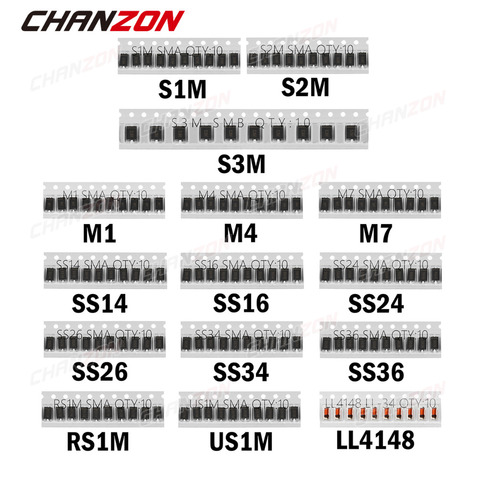 Conjunto de diodos surtidos SMD Fast switch Schottky (M1, M4, M7, S1M, S2M, S3M, SS14, SS16, SS24, SS26, SS34, SS36, RS1M, US1M, LL4148) ► Foto 1/4