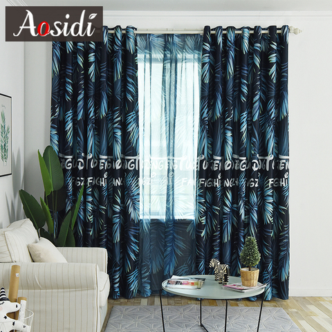 Moderno azul estampado de hojas apagón cortinas para sala de estar de la ventana y tul cortinas de dormitorio niño cortinas 85% sombreado tienden ► Foto 1/6