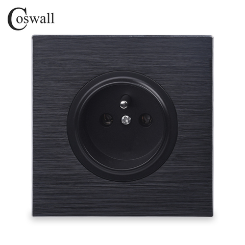 Coswall-Panel de aluminio cepillado negro/gris, toma de corriente de pared estándar francesa, conexión a tierra con cerradura protectora para niños ► Foto 1/5