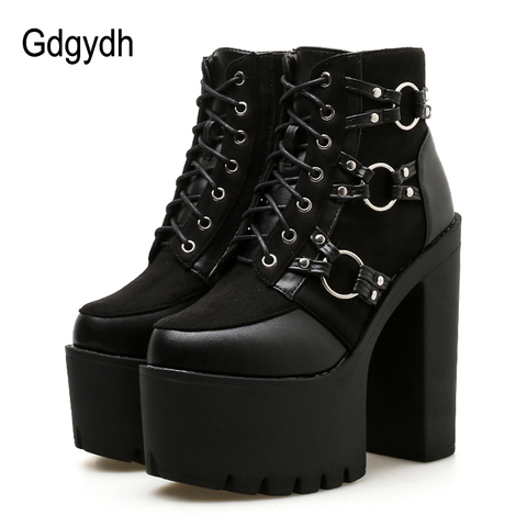 Gdgydh 2022 nueva moda de la motocicleta botas de mujer tacones de plataforma zapatos casuales zapatos de cordones de punta redonda zapatos de mujer otoño botas negro ► Foto 1/6