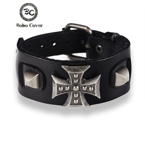 Bobo cubierta al por mayor Cruz Punk Estilo Vintage pulsera para hombres cuero genuino abrigo pulsera hombres mujeres brazaletes regalos ► Foto 1/6