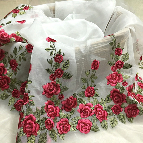 Falda bordada de organza tridimensional, tela de encaje rosa roja, bordado unilateral, tela de tul ► Foto 1/1