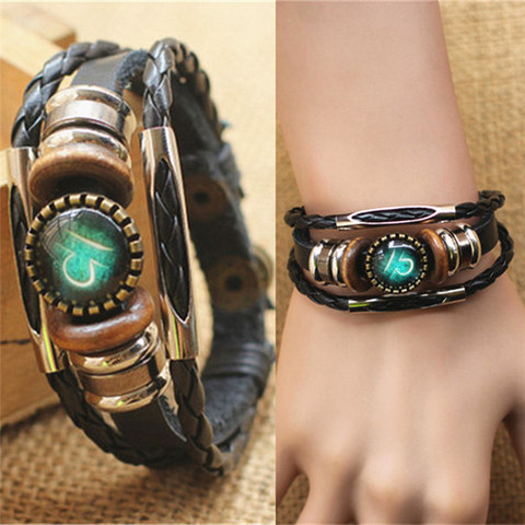 Moda Punk hombres joyería 12 horóscopo brazalete de cuero Retro de madera abalorio pulsera mujer hombre joyería regalos al por mayor ► Foto 1/6