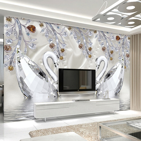 Foto papel 3D estéreo de diamantes de cristal Cisne lago romántico hermoso de fondo de la TV pared Mural de la pared de estilo europeo, 3 D Decoración ► Foto 1/6