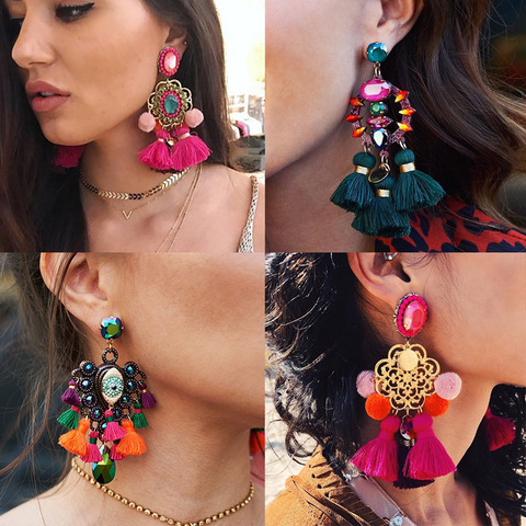 Joyería de declaración bohemia de FASHIONSNOOPS, pendientes largos grandes con borla, Pendientes colgantes, pendientes de cristal para mujeres, Oorbellen ► Foto 1/6