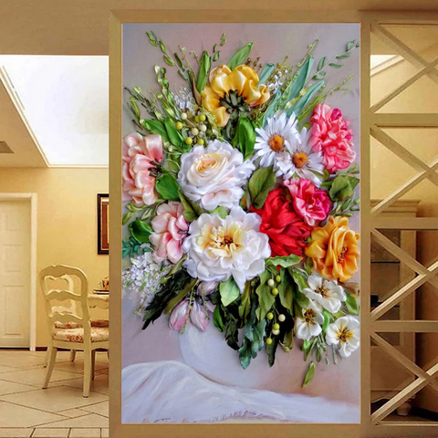 Mural de papel pintado para decoración de entrada, tamaño personalizado, estilo europeo, Floral, pintura al óleo en jarrón, Fondo de pared para pasillo y sala de estar ► Foto 1/6