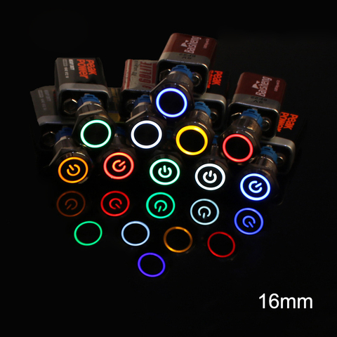 Indicador LED de Metal de 16mm interruptores de botón de latón, niquelado, anillo de alimentación de coche cromado, sin NC momentáneo/enganche ► Foto 1/6