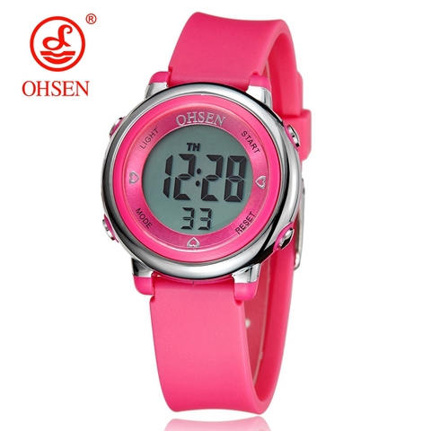 OHSEN Digital LCD niños niña rosa reloj de pulsera correa de goma 50M buzo 7 colores dibujos animados niños moda reloj despertador de mano ► Foto 1/1