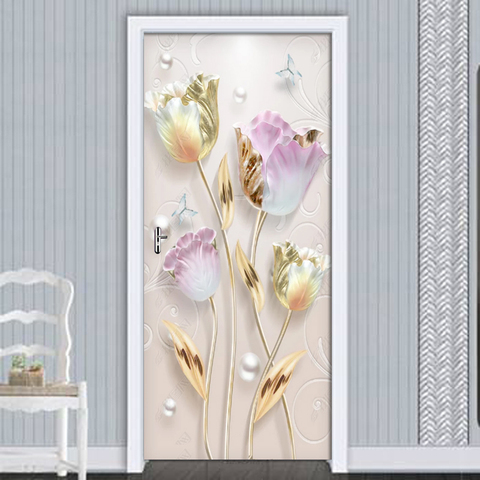 Pegatinas modernas en relieve de tulipán para la puerta con forma de flor, Mural de PVC autoadhesivo 3D, papel tapiz para sala de estar, decoración de Puerta del dormitorio ► Foto 1/5