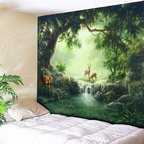 Tapiz de pared grande para el hogar tapiz colgante de pared grande con diseño de bosque de alce, río, árboles, estilo bohemio ► Foto 1/6