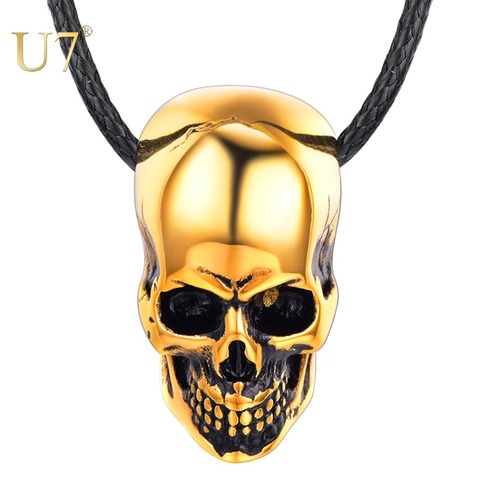 U7 de Halloween del cráneo de la joyería collar para hombres/mujeres regalo Punk acero inoxidable gótica de colgante cordón de cuero negro cadena P1238 ► Foto 1/6