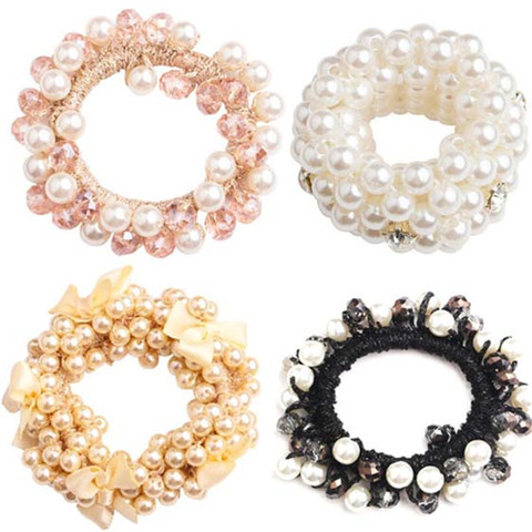 Coleteros coreanos con cuentas de perlas para mujer, cintas elásticas de cristal, cuerda de goma para cabello, accesorios para el cabello de goma ► Foto 1/6