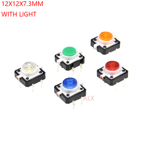 Interruptor de botón con luz led, pulsador táctil de 4 pines, 12x12x7,3 MM, 5 uds., 12x12x7,3 MM ► Foto 1/4