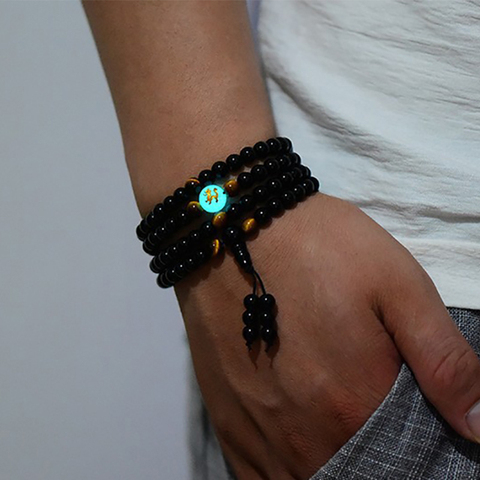 BOEYCJR, brazaletes y pulseras de cuentas de dragón negro Mala de Buda, joyería hecha a mano, pulsera étnica que brilla en la oscuridad para mujeres o hombres ► Foto 1/6