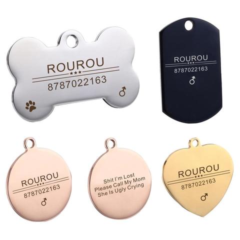 Etiqueta de identificación de mascotas de acero inoxidable, etiquetas de nombres de perro y gato, accesorios de Collar personalizados, oro, plata, rosa, oro, negro, grabado gratis ► Foto 1/6