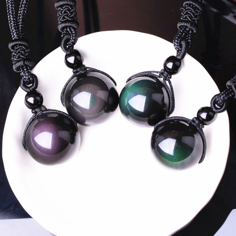 Obsidiana Natural Ojo de arco iris collares para mujer con cuentas de transferencia de buena suerte colgante de cuentas de cuerda collar de cadena de joyería hecha a mano ► Foto 1/6