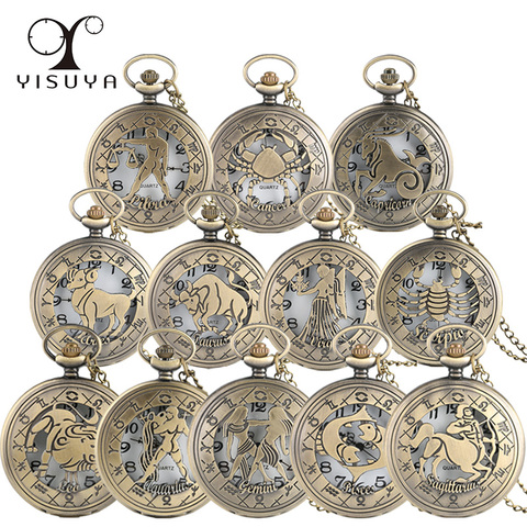 Reloj de bolsillo con patrón de Zodiaco Vintage moderno collar cadena cobre estilo Retro 12 constelación hombres mujeres reloj regalo ► Foto 1/6