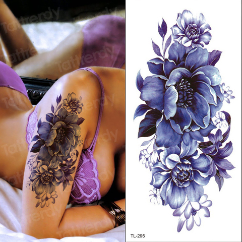 Tatuajes de flores moradas para mujer y niña, tatuaje sexy a prueba de agua, tatuaje de flor de loto Rosa peonía y arte corporal, pegatinas de moda para bikini ► Foto 1/6