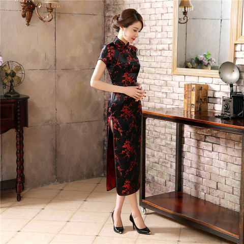 Vestido tradicional chino Rojo Negro Satén de seda para mujer Cheongsam Qipao Verano de manga corta vestido largo flor S M L XL XXLNC039 ► Foto 1/6