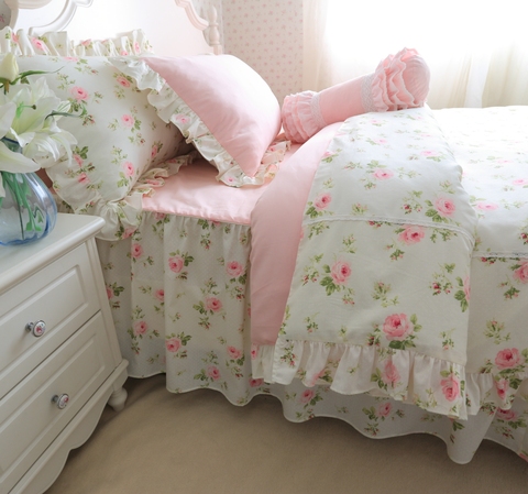 Vintage rosa Floral con volantes ropa de cama Duvet Cover Set 100% de algodón de tamaño doble reina rey chicas ropa falda de cama y almohada shams ► Foto 1/5