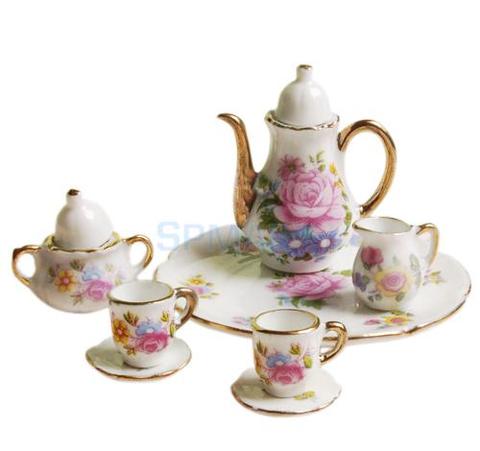 Juego de vajilla en miniatura para casa de muñecas para niños, juego de té de porcelana, plato de taza, rosa, gran oferta, 8 Uds. ► Foto 1/6