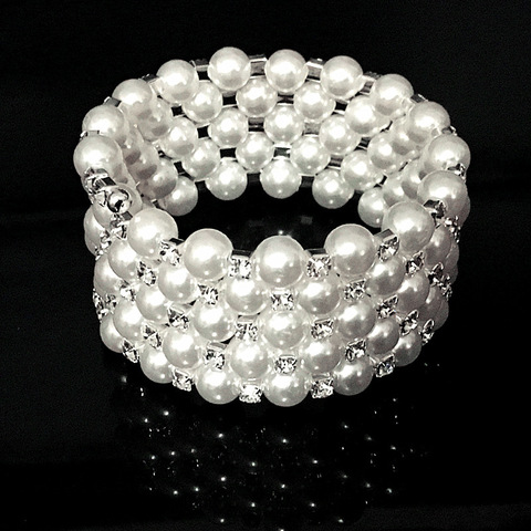 Pulseras de perlas de 6 filas para mujer, joyería de lujo, para boda, de cristal, de mano, Charms, Color plateado ► Foto 1/6