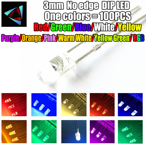 Diodo emisor de luz LED, 3mm, sin borde, blanco, verde, rojo, azul, amarillo, naranja, púrpura, UV, rosa, RGB, eje mecánico, teclado de luz, 100 Uds. ► Foto 1/1