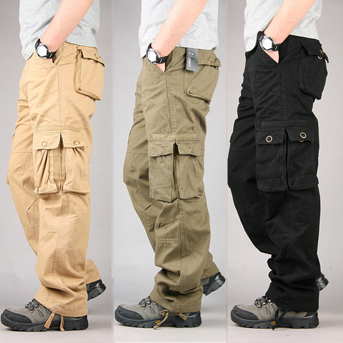 100% de algodón duradero para hombre, pantalón largo, suelto holgado, multibolsillos, estilo militar, negro, caqui, verde militar, talla grande 38 ► Foto 1/1