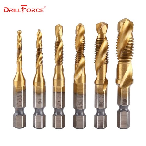 6 uds. Brocas de taladro de tornillo de M3-M10, grifos HSS, combinación métrica de carpintería, broca de acero de alta velocidad, titanio, 1/4 