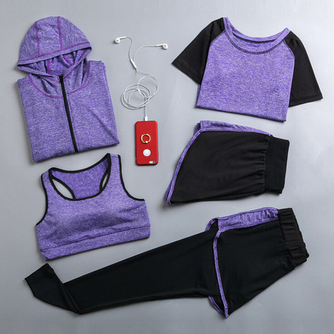 Conjunto de 5 piezas de ropa deportiva de secado rápido para mujer, chaqueta de yoga, camiseta, sujetador, pantalones cortos, ropa de gimnasio para fitness, gran oferta ► Foto 1/6