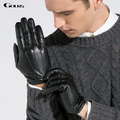 Gours cabra guantes de cuero genuinos de los hombres 2017 nuevo invierno de la marca de los hombres negros de moda de conducción guante manoplas calientes gsm011 ► Foto 1/6
