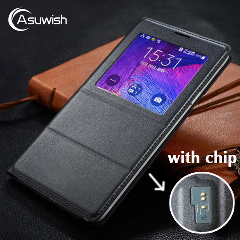 Asuwish Flip Funda de Cuero Para Samsung Galaxy Note 4 Nota4 N910 N910F N910H Teléfono Caso de La Cubierta Smart View Con la Viruta Original ► Foto 1/6