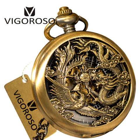 Reloj de bolsillo de acero de bronce, con cuerda a mano, diseño Retro Steampunk, esqueleto, dragón y Fénix ► Foto 1/6
