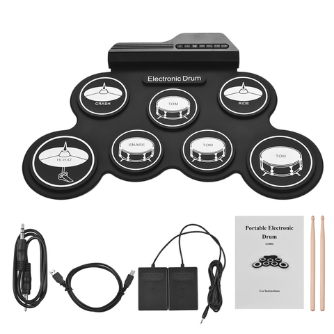 Tamaño compacto USB Roll-Up Drum Set Digital electrónico Drum Kit 7 almohadillas de tambor con baquetas pedales para principiantes niños ► Foto 1/6
