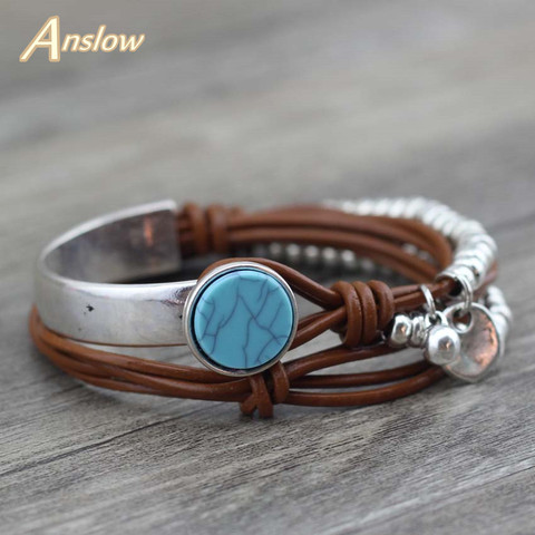 Anslow-pulsera de cuero con cuentas chapadas en plata para mujer, joyería de estilo veraniego, de resina, para Día de San Valentín, LOW0501LB ► Foto 1/6