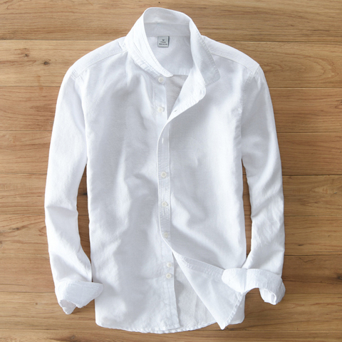 Camisa de manga larga de lino y algodón para hombre, camisa masculina de marca de moda de estilo japonés, ajustada, informal, color blanco, importar ropa ► Foto 1/5