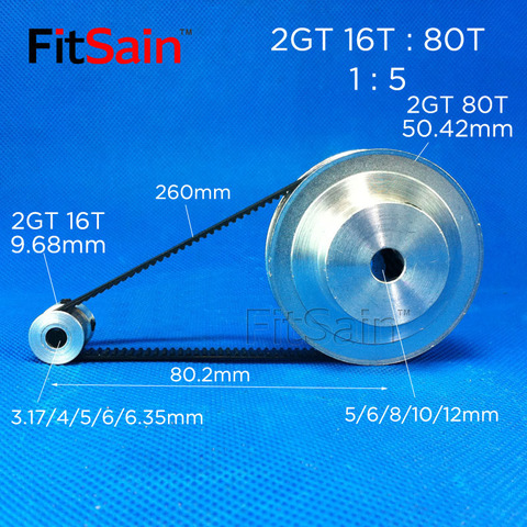 Polea De aleación de aluminio FitSain-2GT, 16T:80T, relación de reducción 1:5, rueda sincrónica, agujero central, 3.175/4/5/6/6.35/8/10/12mm ► Foto 1/1