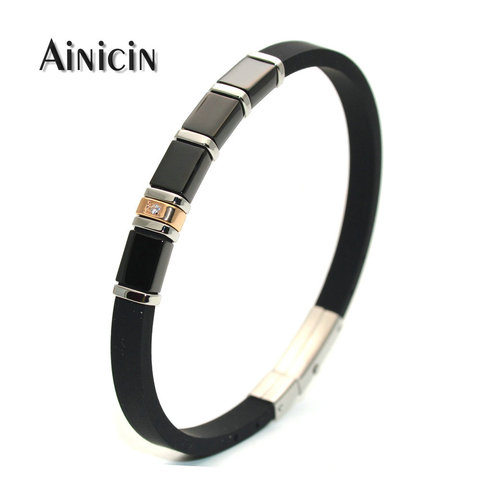 Pulseras de goma negra para hombre y mujer, brazaletes ajustables de 6mm de ancho, ajuste de circonia cúbica de acero inoxidable, joyería de regalo ► Foto 1/5