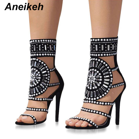 Aneikeh-Sandalias de tacón alto con diamantes de imitación para mujer, calzado moderno con diseño de diamantes de imitación, estilo gladiador con brillantes en el tobillo, en color negro, talla 35-40 ► Foto 1/6
