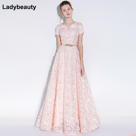 Ladybeauty-vestido De noche elegante para banquete, sencillo, rosa, De encaje, largo hasta el suelo, Formal, con cinturón, personalizado, para fiesta ► Foto 1/6