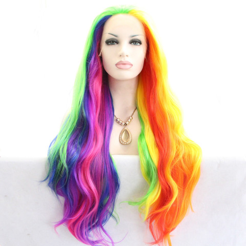 Sylvia mixto Color Arco Iris onda Natural pelucas fibra resistente al calor justo para las mujeres sintético peluca con malla frontal Cosplay ► Foto 1/6