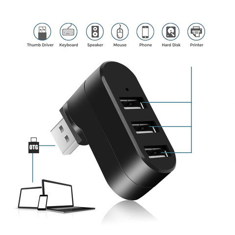 KEBIDU-concentrador USB 2,0 Hub con 3 puertos, Mini adaptador divisor de cubo giratorio para PC, Notebook, portátil, Mac, divisor USB 2,0, Blanco/negro ► Foto 1/6