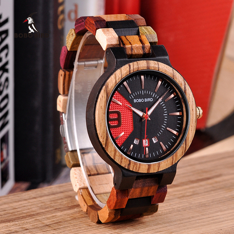 Reloj masculino BOBO BIRD hechos en madera, reloj de lujo con indicador de fecha hecho en madera, relojes de cuarzo, relojes de pulsera, excelente regalo para hombres W-Q13 ► Foto 1/6