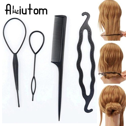 Conjunto de 4 unidades de herramientas de estilismo DIY de plástico negro, pinzas de pelo para mujer, horquillas, peine para hacer moños en el pelo, accesorios para el cabello ► Foto 1/6