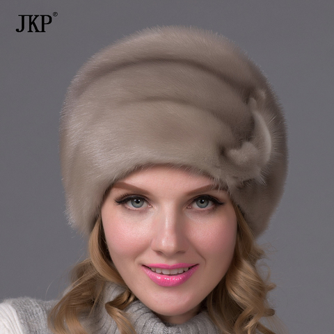 Sombrero de piel de visón natural para mujer, gorro de invierno con protección para las orejas, gorro floral informal, 100% ► Foto 1/6