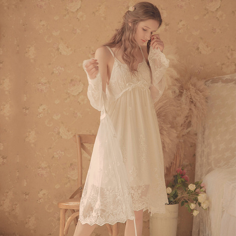 Camisones Vintage De encaje blanco para mujer, ropa De Dormir De encaje, 2 piezas ► Foto 1/6