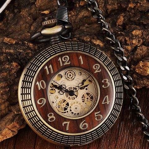 Reloj con esfera de engranaje de madera para hombre y mujer, Reloj de bolsillo mecánico antiguo de bronce, cadena con grabado cuerda a mano, Steampunk, único ► Foto 1/4