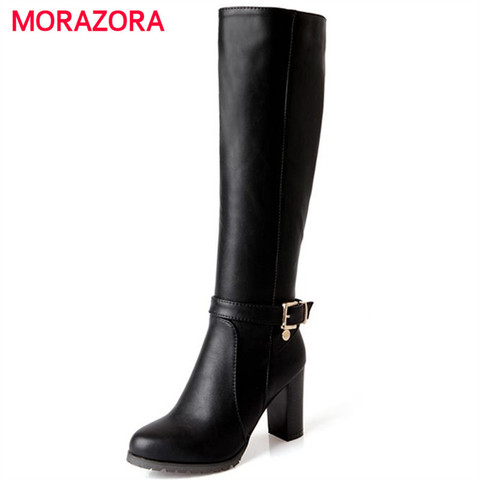 MORAZORA Venta caliente nueva moda suave pu cuero tacones altos rodilla botas altas hebilla barcos mujeres motocicleta botas Otoño Invierno zapatos ► Foto 1/1