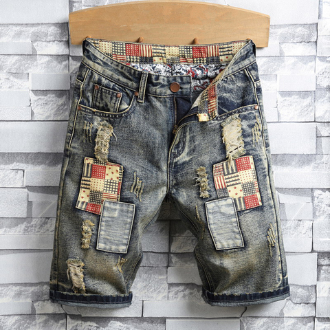 Nuevo verano de los hombres de rasgados vintage parche Denim casual ropa corta e informal recto jeans biker corto de talla grande 40 bermudas de hombre ► Foto 1/6